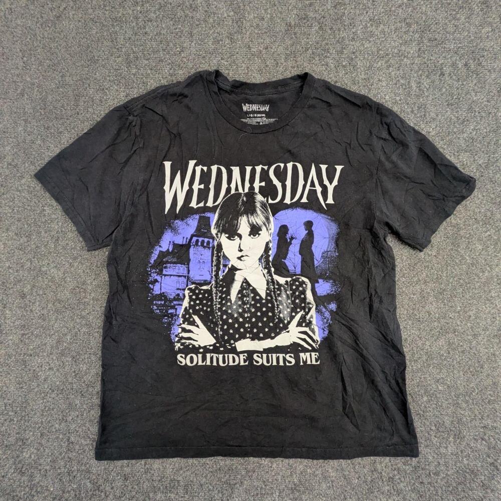 Wednesday Addams T Shirt Mens L Black Solitude Suits Me Purple Graphic Crew Neck